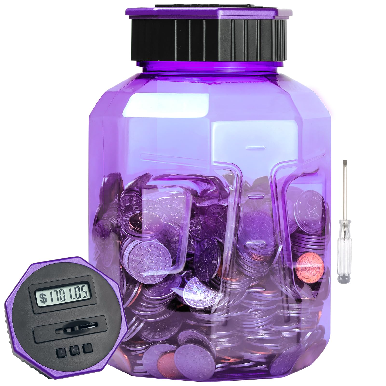 X-Large Piggy Bank for Adults Kids, Vcertcpl Digital Coin Counting Bank with LCD Counter, 2.4L Capacity, Great Coin Counter Bank Money Counting Jar with Total Amount Displayed (Purple)