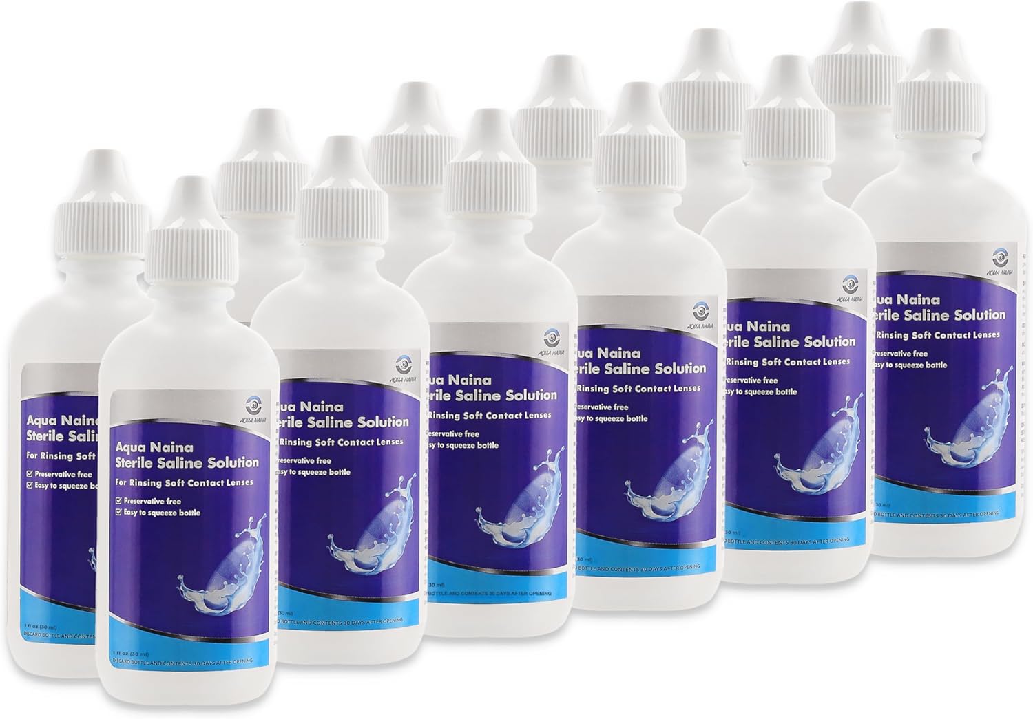 Aqua Naina Plus Sterile Saline – Preservative-Free, Single-use Rinse for Soft, RGP & scleral Lenses Before Application. Travel-Friendly, 12 x 1 fl oz Bottles