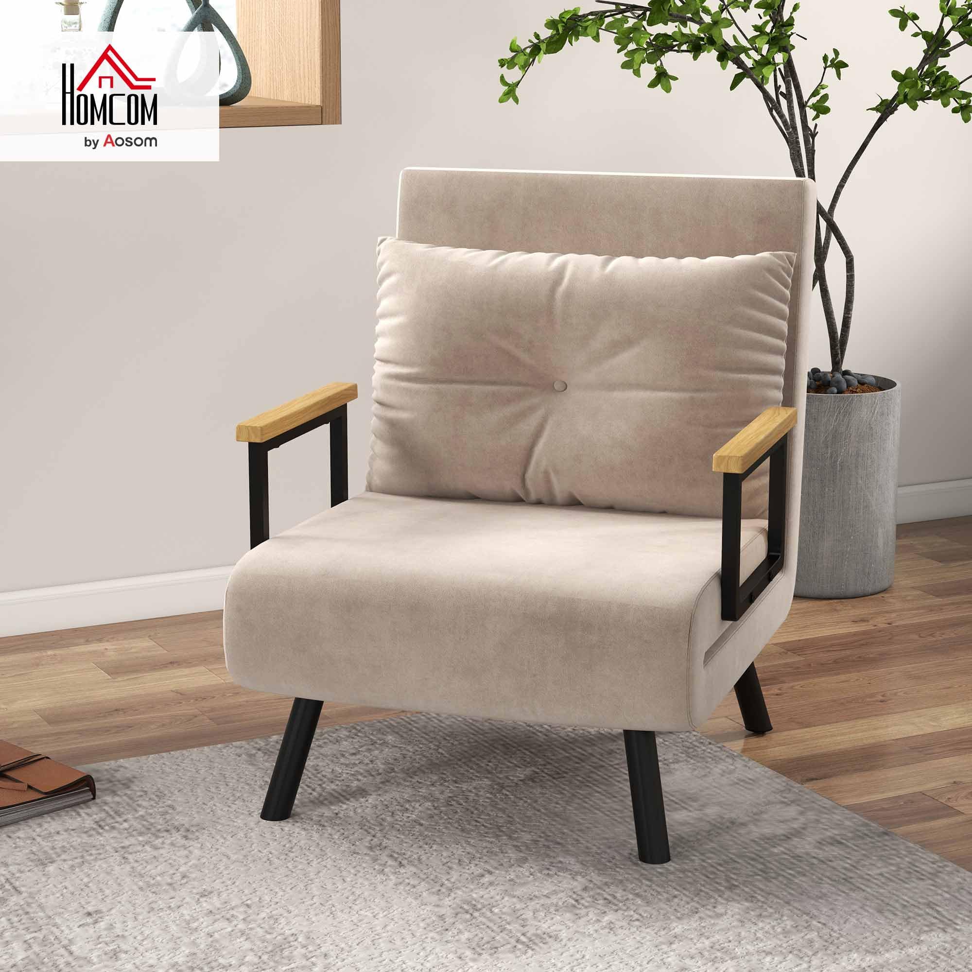 HOMCOM Fauteuil Convertible 1 Place, Fauteuil-lit chauffeuse 3 en 1 avec Dossier réglable 5 Positions, Oreiller, siège rembourré, Tissu Aspect Velours, canapé-lit pour invités, Salon, Bureau, Beige