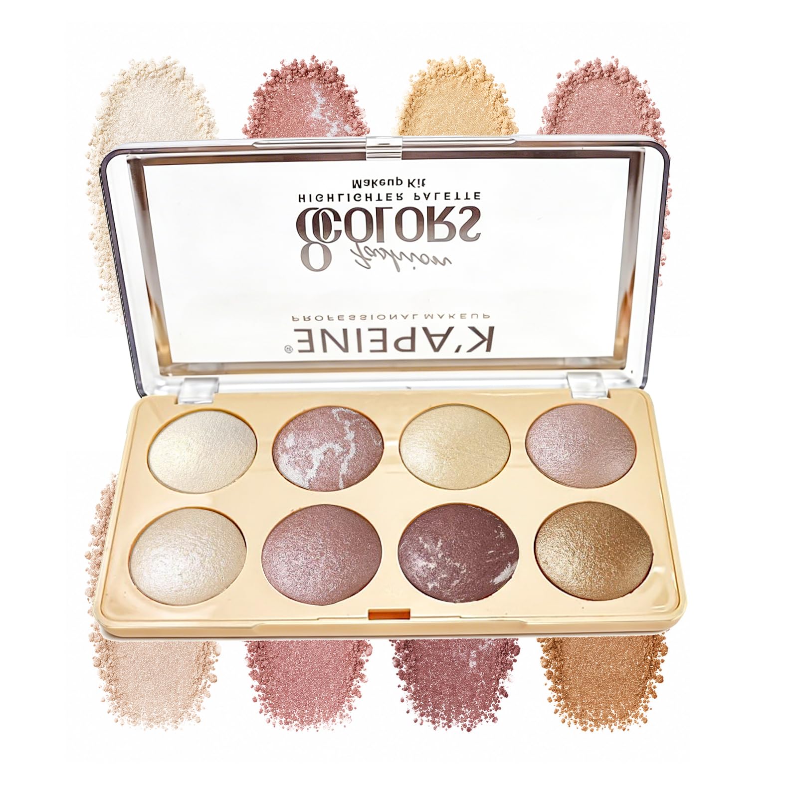 K'APEINE Puder-Palette, 8 Farben, Pink Gold Braun, Gesichts-Highlighter, Lidschatten, Rouge, Kontur-Make-up-Palette, für alle Gesichter, gebackenes Make-up-Set, mischbarer Highlighter für Damen