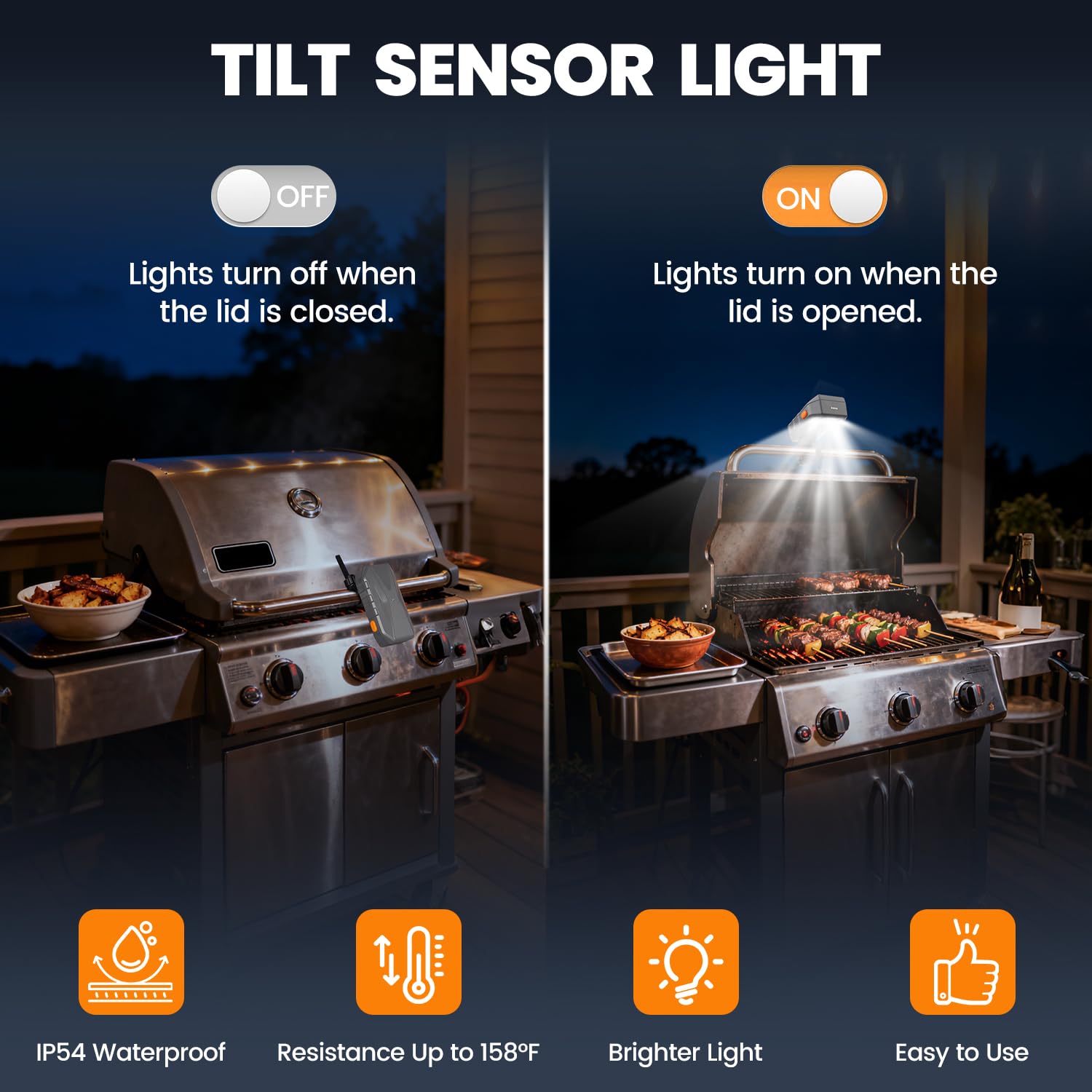 Goldusk Luz de parrilla, para accesorios de parrilla al aire libre, regalo de Navidad, interruptor automático, luz de barbacoa recargable