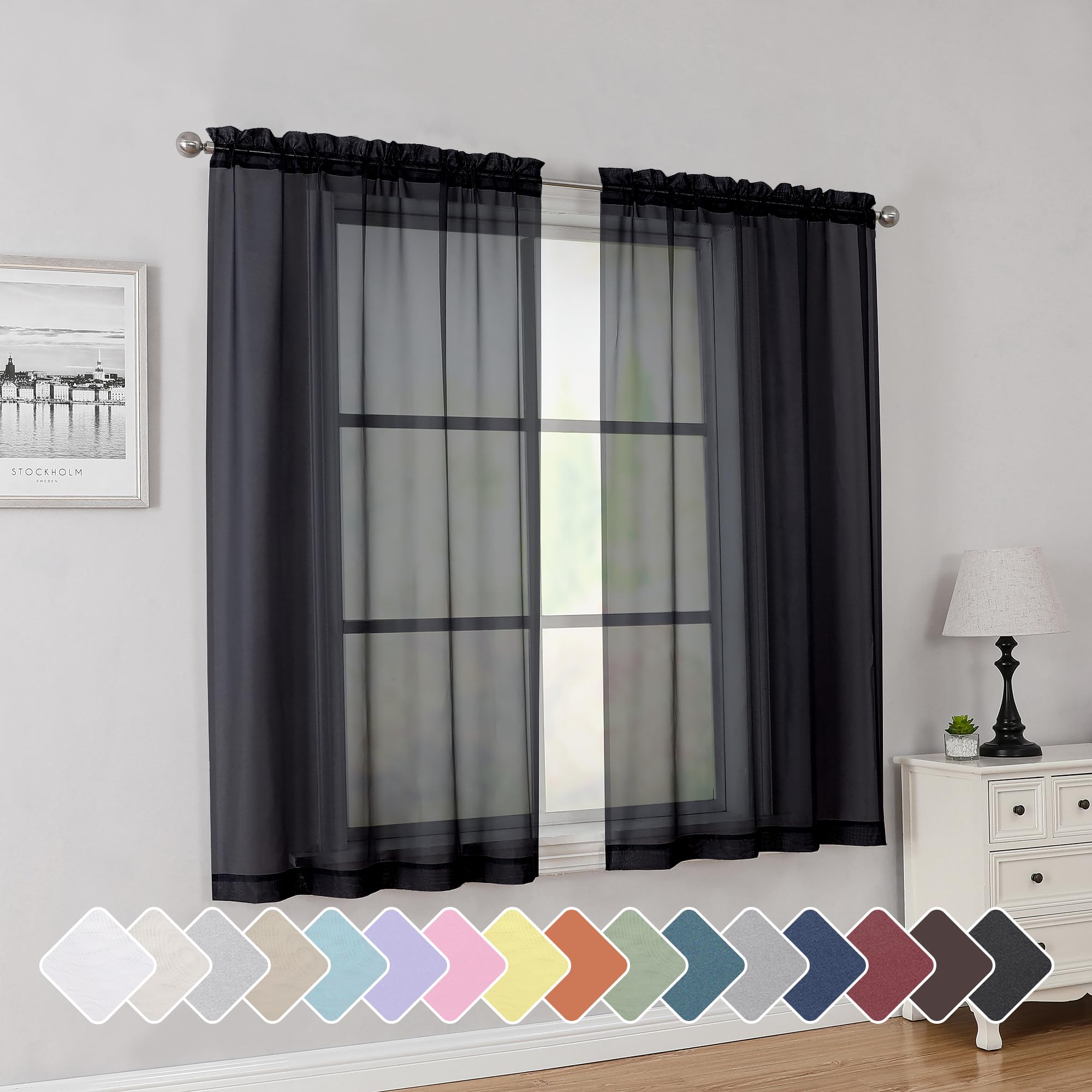 Simplebrand Black Sheer Curtains 54 Inch Length 2 Panels for Bedroom