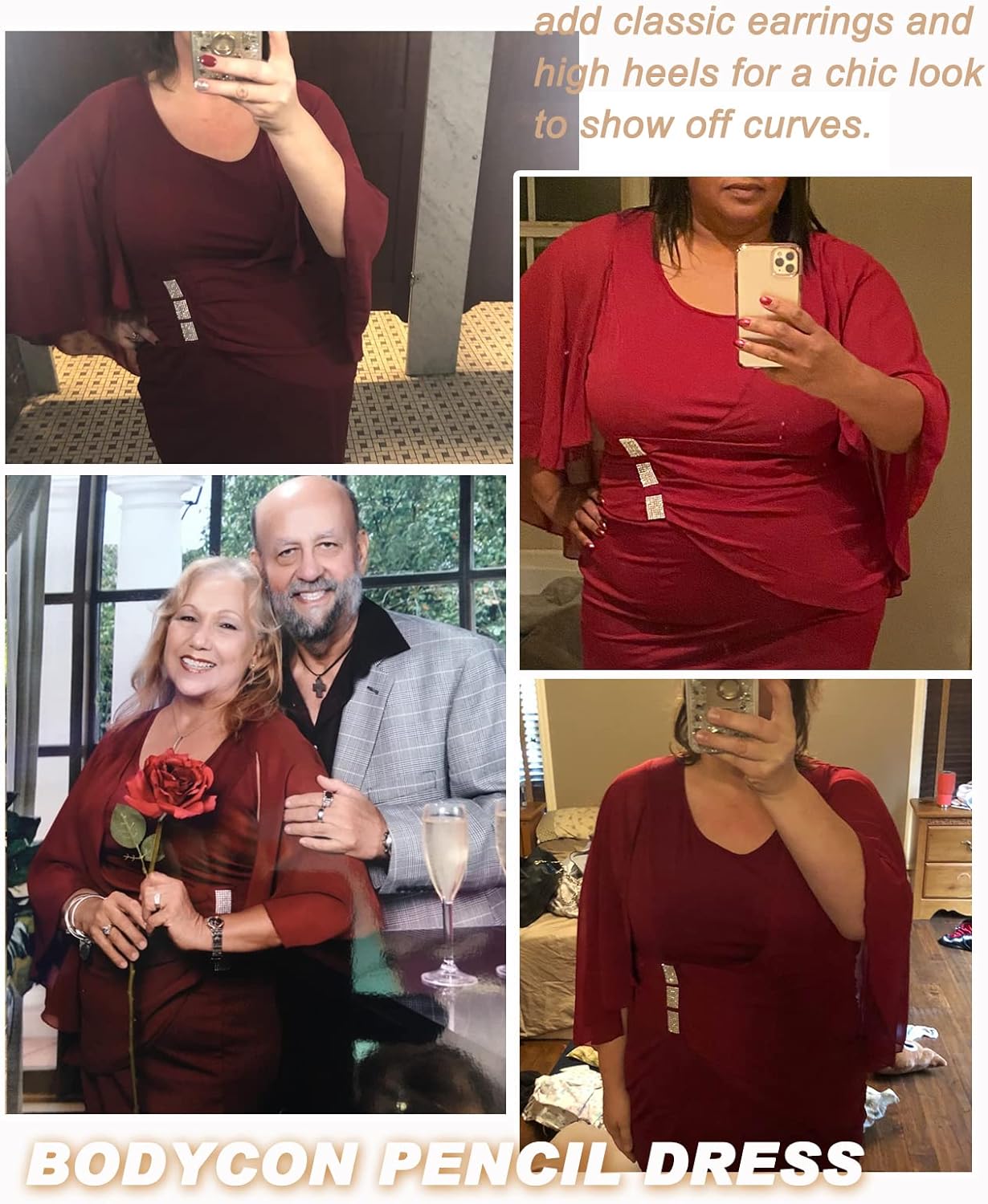 LALAGEN Womens Chiffon Plus Size Ruffle Flattering Cape Sleeve Bodycon Party Pencil Dress New Red-L