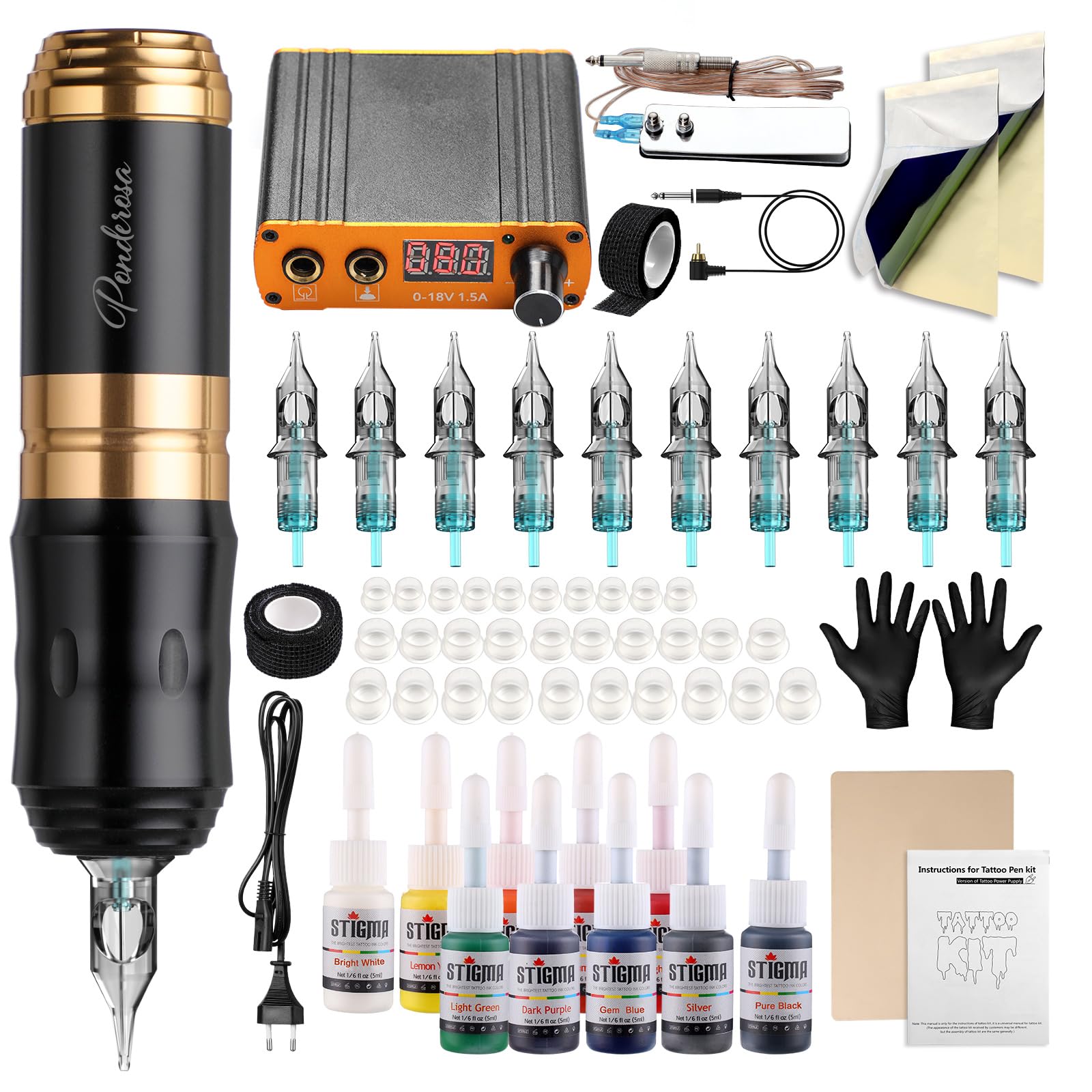 STIGMA Rotary Tattoo Machine Kit with 10pcs Cartridges & Digital Display - Perfect for Beginners & Professionals