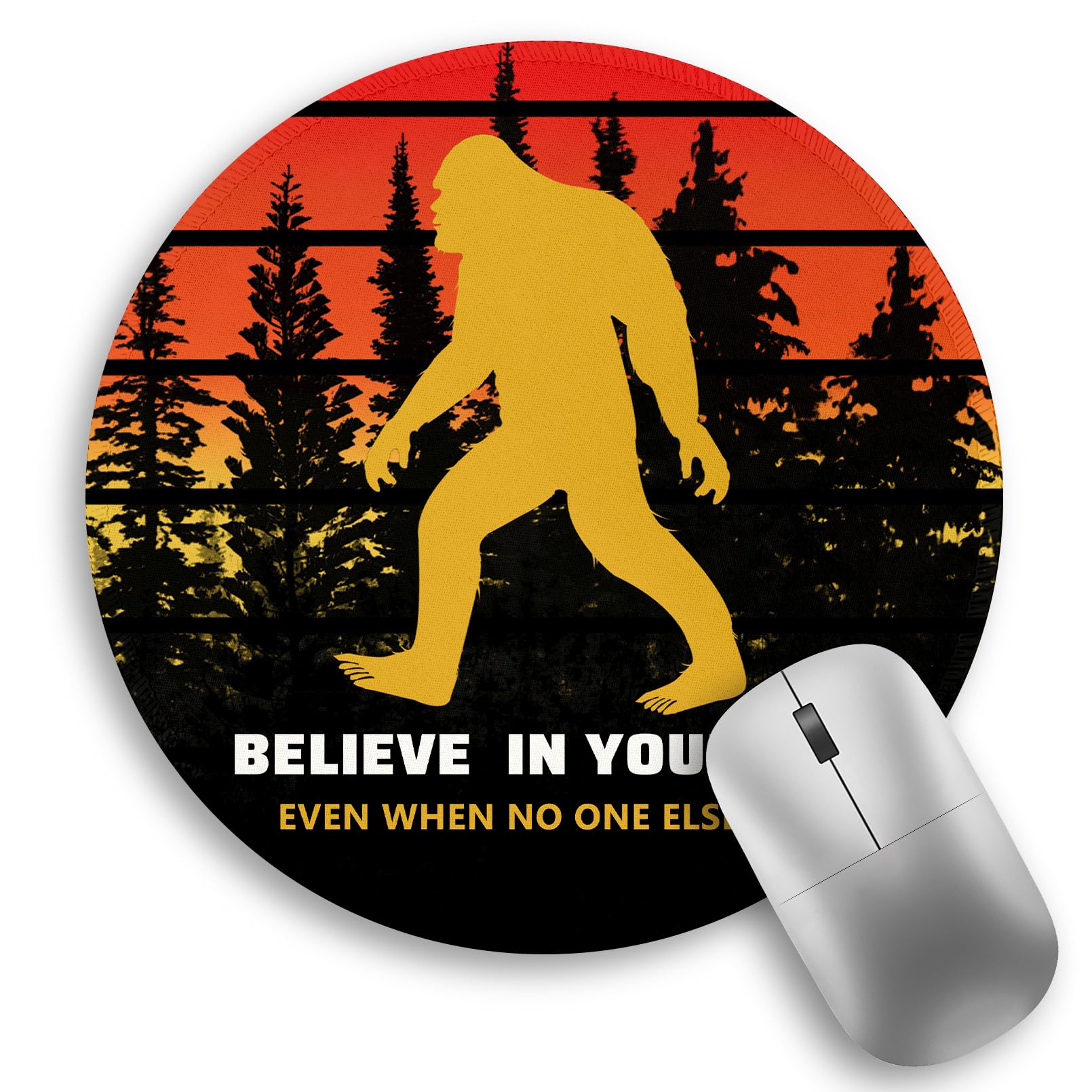 Sasquatch Bigfoot Funny Mouse Pad, Small Round Mouse Pads for Desk, Mini Travel Retro Vintage Motivational Mousepad for Work Wireless Computer Laptop, Office Desk Accessories, Believe in Yourself