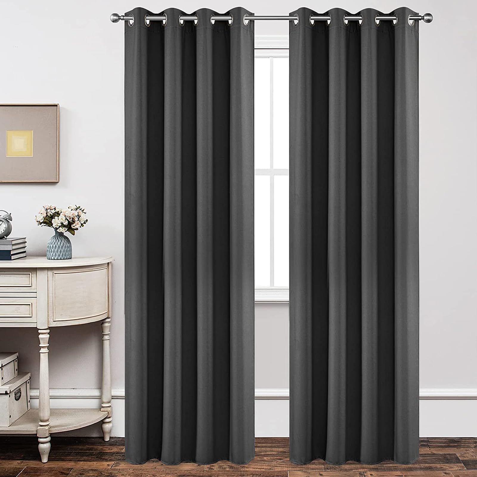 Joydeco Cortinas Opacas 2 Piezas 140 x 245 cm, Cortinas Dormitorio con Ojales Gris Oscuro Anti Luz Cortina Termica Aislantes Frio y Calor para Salon Curtains Blackout