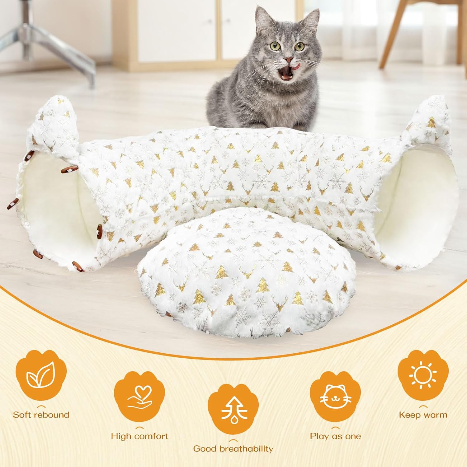 Comfort White Cat Donut Tunnel for Christmas Tree - Holiday Themed Tube - Ultra-Soft Plush Velvet Cute Tree Tunnel Skirt With Ball Toy - Non-Slip Bottom Pillow