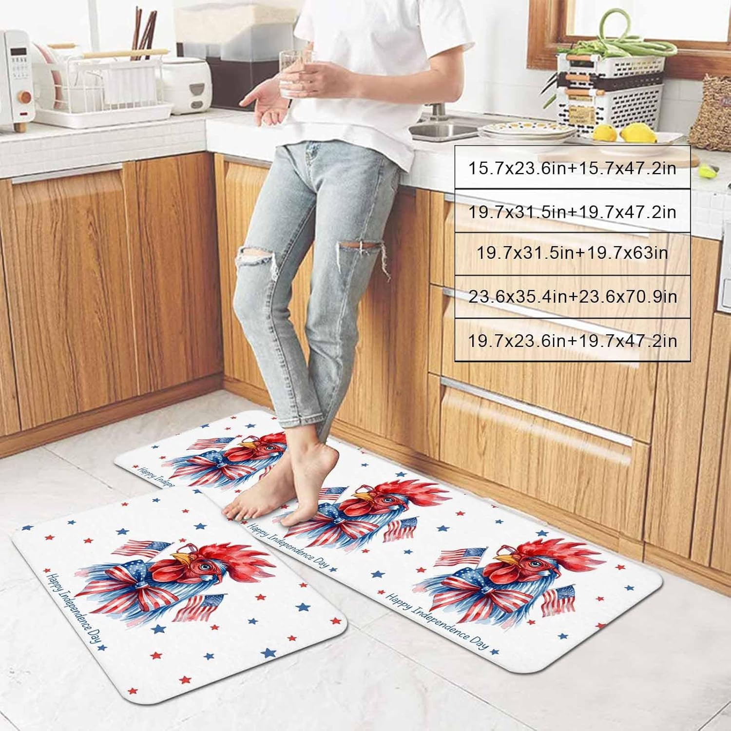 Prime Leader Independence Day Kitchen Mat Set 2 Pieces Watercolor Red Blue Bowknot Rooster Flag Non Slip Kitchen Rugs Washable Runner Rug Mats for Sink Laundry (19.7" x 31.5"+19.7" x 63")