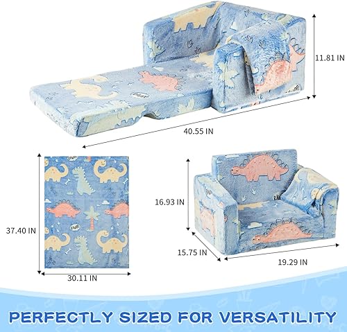 Miniatura 2 de JINHILL Sofá para niños, silla infantil 2 en 1, sofá plegable para jugar, para niños y niñas, silla de felpa extrasuave y cama (dinosaurio)