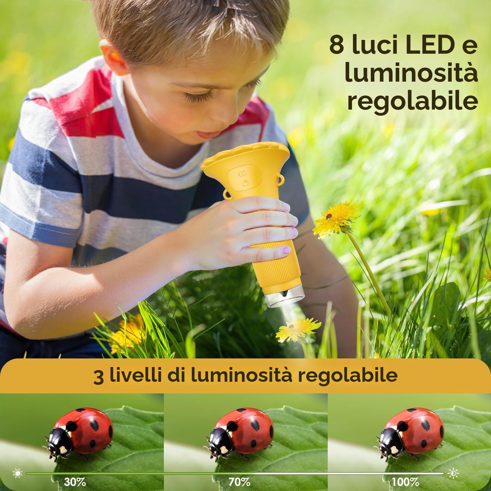 Mini microscopio per bambini, con zoom 1000x, tascabile/portatile, con schermo IPS da 2,0", USB, LED, porta per PC, per esterni, per bambini dai 3 anni in su