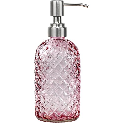 SDlumeiy 16 Oz Soap Dispenser with 304 Rustproof Stainless Steel Pump, Kitchen, Bathroom Soap Dispenser， Refillable Liquid Glass Soap Dispenser for Hand Soap, Soap, Lotion. (Pink)