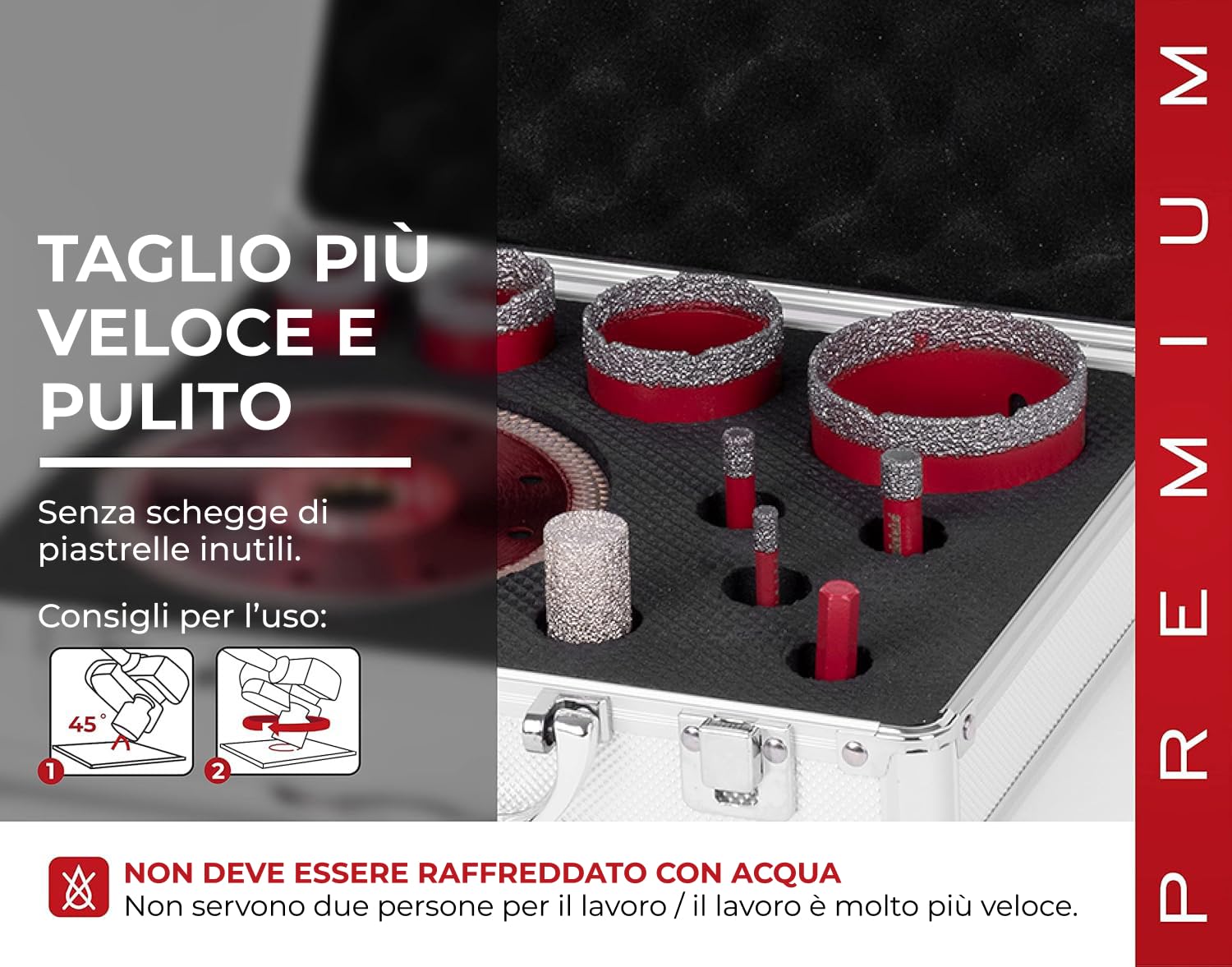 STREND PRO Set Frese a Tazza Diamantate 6-8-10-20-35-50-68 mm | Disco Diamantato 125 mm, Fresa a Dito 20 mm e Adattatore SDS | Valigetta in Alluminio | Piastrelle, Gres e Granito | Taglio Secco