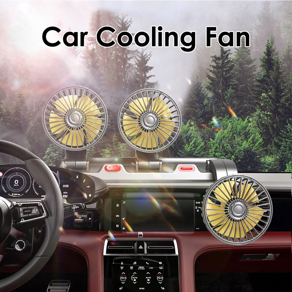 Circulateur d'air de refroidissement électrique à trois têtes Ventilateur automatique rotatif à 360° Ventilateur de refroidissement de voiture portable pour berline/SUV/RV/Bateau/Camion