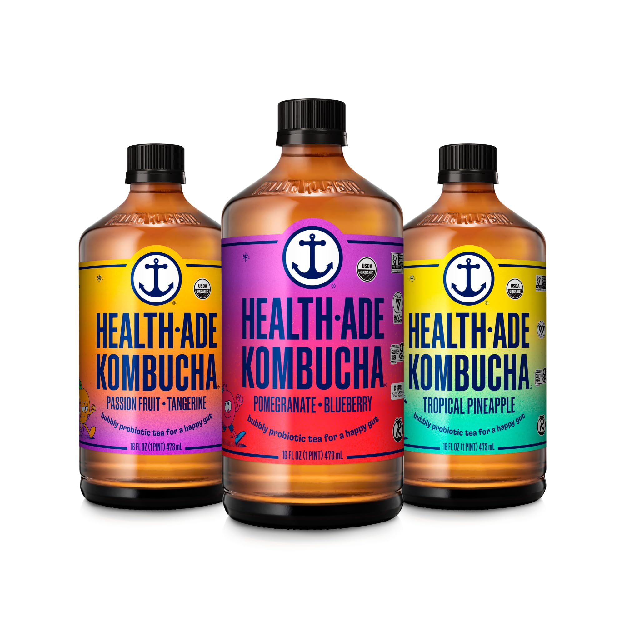 Health-Ade Kombucha Tea Organic Drink, Fermented Tea with Living Probiotics, Detoxifying Acids, Supports Gut Health, Non-GMO, Vegan, Gluten Free, 12 Pack (16 Fl Oz Bottles), Paradise Variety Pack