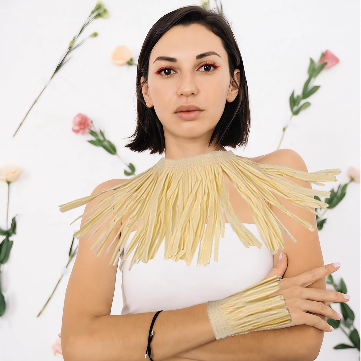 LIOOBO Hawaiian Grass Skirt for Adults, Elastic Hula Skirt Set for Men and Women, Raffia Paper Tassel Costume Yellow