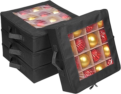 ProPik 4 cajas de almacenamiento de adornos de Navidad con divisores parte superior transparente cierre de cremallera y asas 4 bandejas individuales