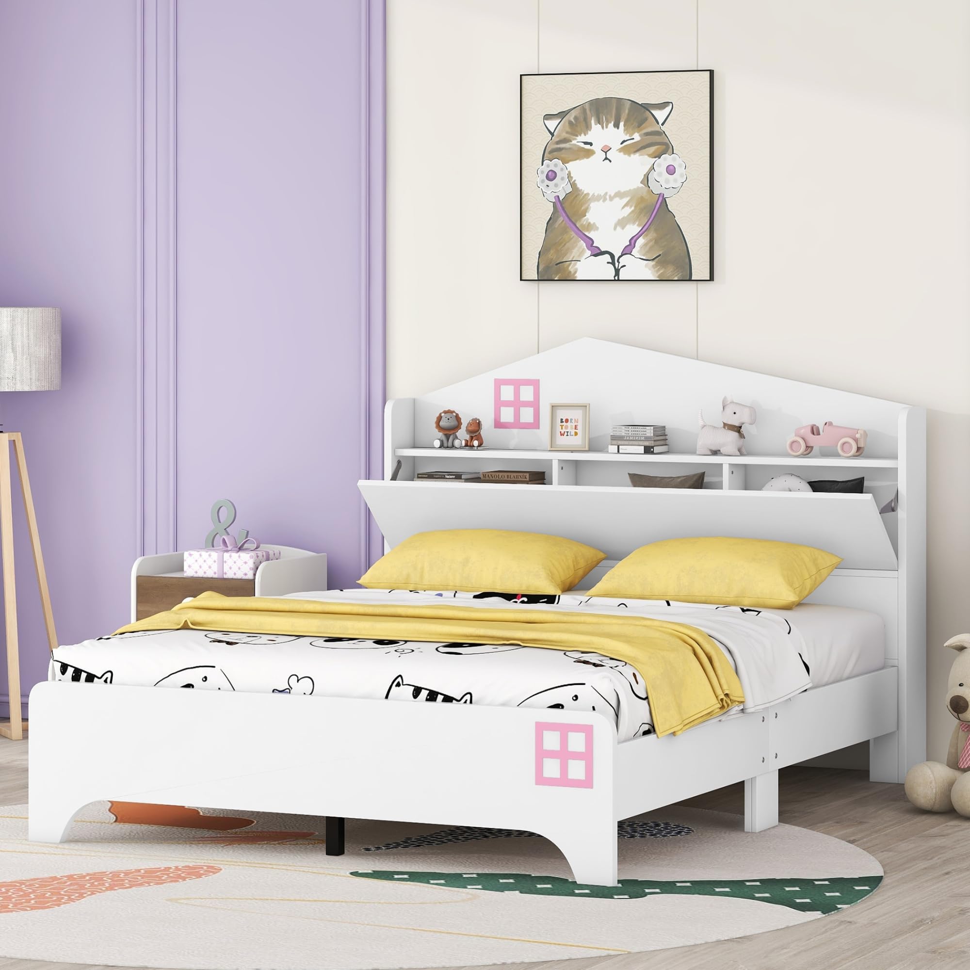 Harper & Bright Designs Full Kids Bed Frame with Storage Headboard, Wood Full Size Platform Bed with Storage Shelves, Full Storage Bed Frame for Bedroom, No Spring Needed, White