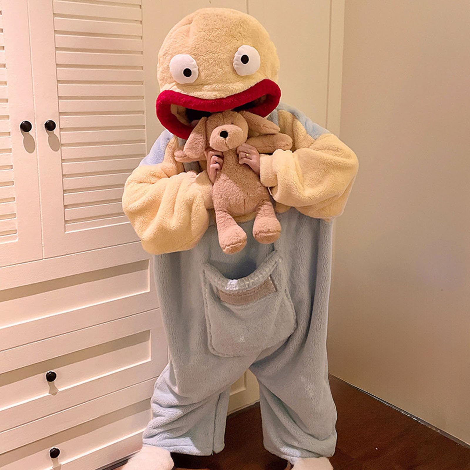 Genérico Pijama de Monstruo Bocazas para Mujer Hombre, Mono con Capucha de Franela para Adulto, Pijama de Cuerpo Entero Acogedor con Bolsillos, Disfraz Dormir Unisex para Hogar y Halloween