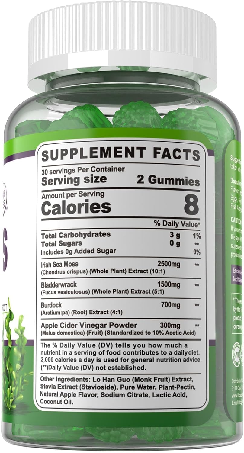 Sea Moss Gummies - Irish Sea Moss Gummies for Adults & Kids - Advanced Superfood Seamoss Supplement + Bladderwrack & Burdock Root Extract，ACV for Daily Immune, Gut Cleanse, Vegan, Sugar Free, 60 Cts