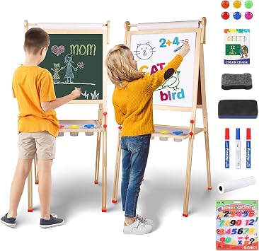 YOHOOLYO Kids Easel Standing Art Easel for Kids, Double Sided Children Pink Purple Easel Magnetic Chalkboard Whiteboard Dry Eraser Board Great Gift for Girls Beige