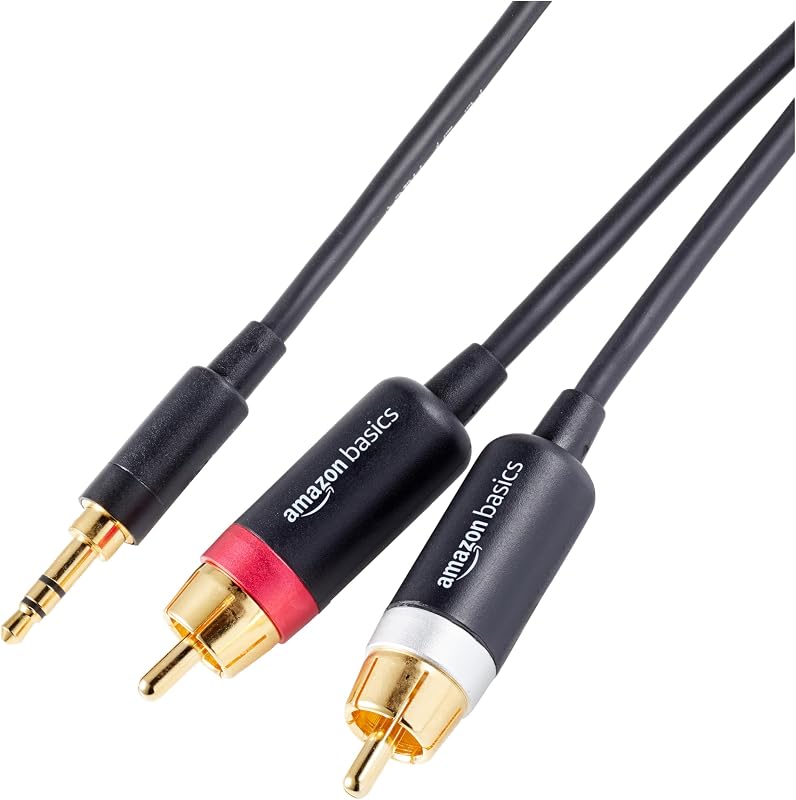 Adaptador de Cable de Audio Estéreo Auxiliar a 2 RCA de 3.5mm para Sonido, Amplificadores de Conexión, parlantes, Smartphone, Tableta con Enchufes Chapados en Oro, 4 Pies/1.2 m, Negro