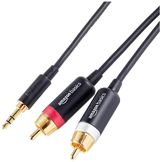 Amazon Basics 3.5mm Aux to 2 RCA Adapter Audio Cable for Stereo Speaker or Subwoofer with Gold-Plated Plugs, 4 Foot, Black
