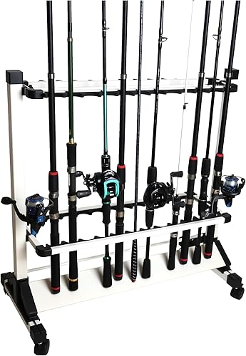 Miniatura 3 de JOYWAVE Soportes para caña de pescar, soportes de caña de pescar de aluminio, estante portátil para caña de pescar, soporta hasta 24 cañas, ruedas