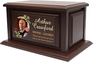 Personalized Walnut Wood Cremation Urn for Human Ashes - 250 Cubic Inch Capacity, Custom Photo Name Plate, Solid Pine (Design 7)