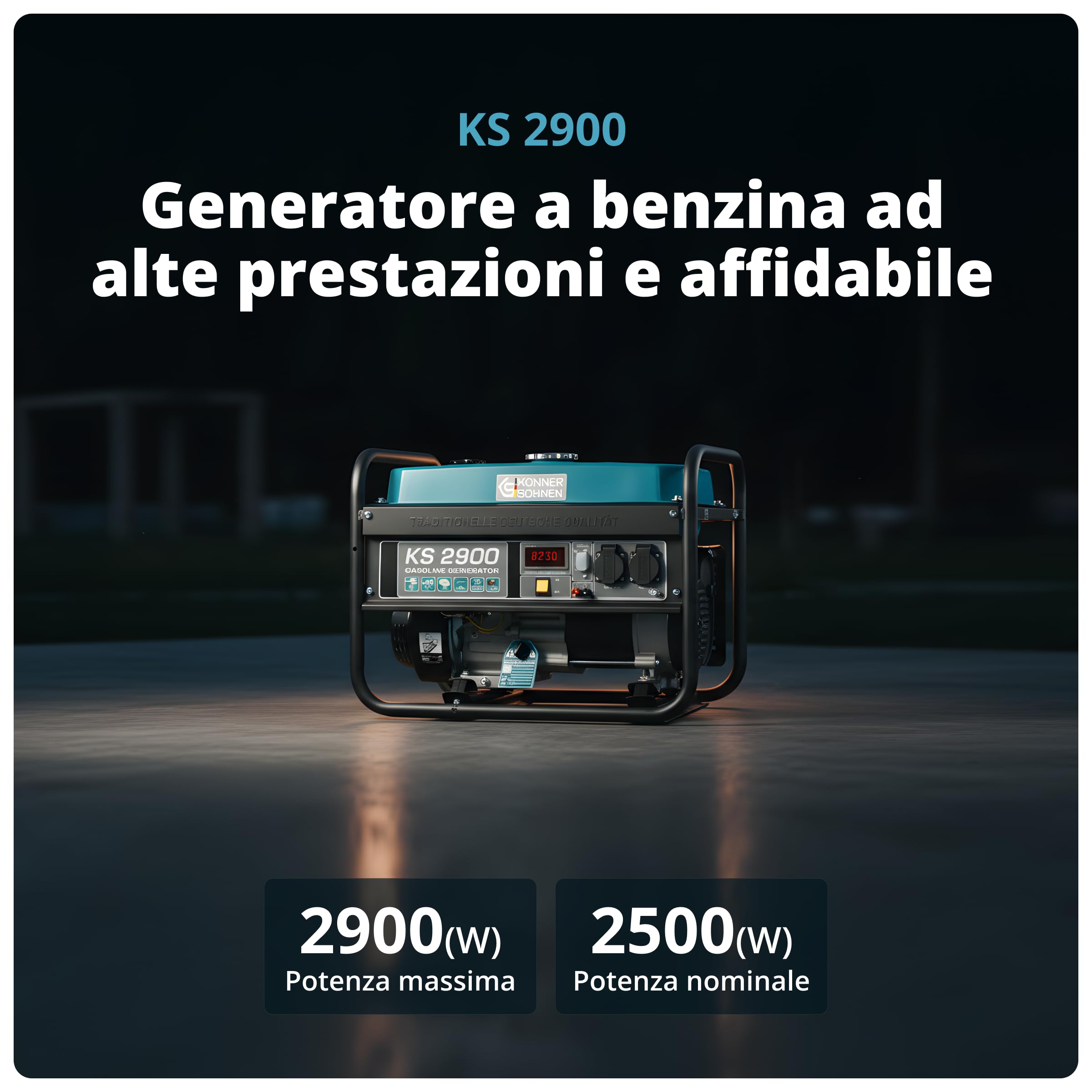 Generatore a benzina KS 2900 con una potenza massima di 2900 W, 2x16A (230 V), 12 V, indicatore di basso livello dell'olio, protezione da sovraccarico e cortocircuito, display