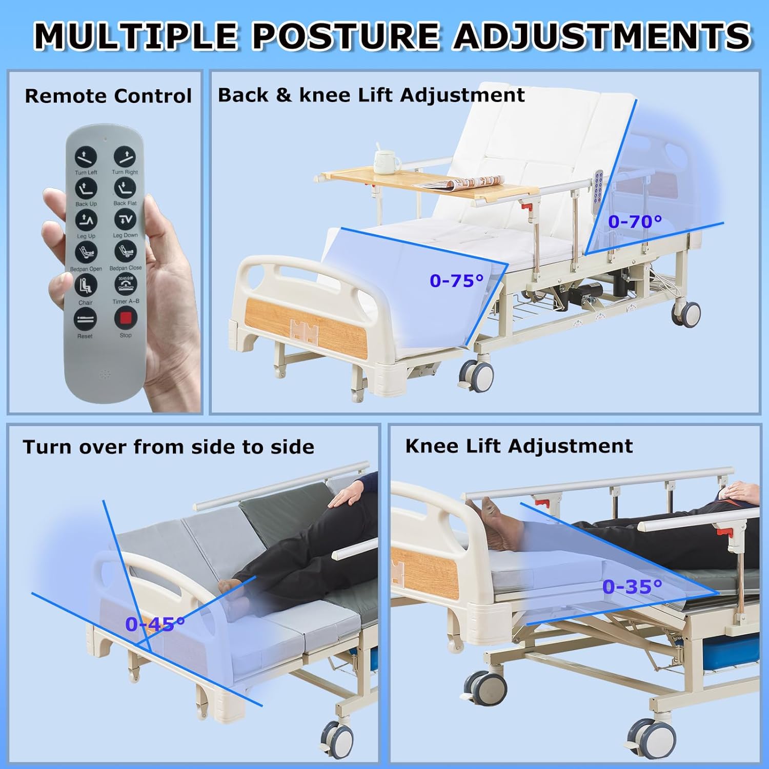 Premium 10-Function Electric Hospital Bed for Home Use, ICU Medical Bed with Lateral Tilting, One-Button CPR Flat, 5" Locking Casters, Foam Mattress, IV Pole, Dining Table, 550 lbs Capacity, 83" x 38"