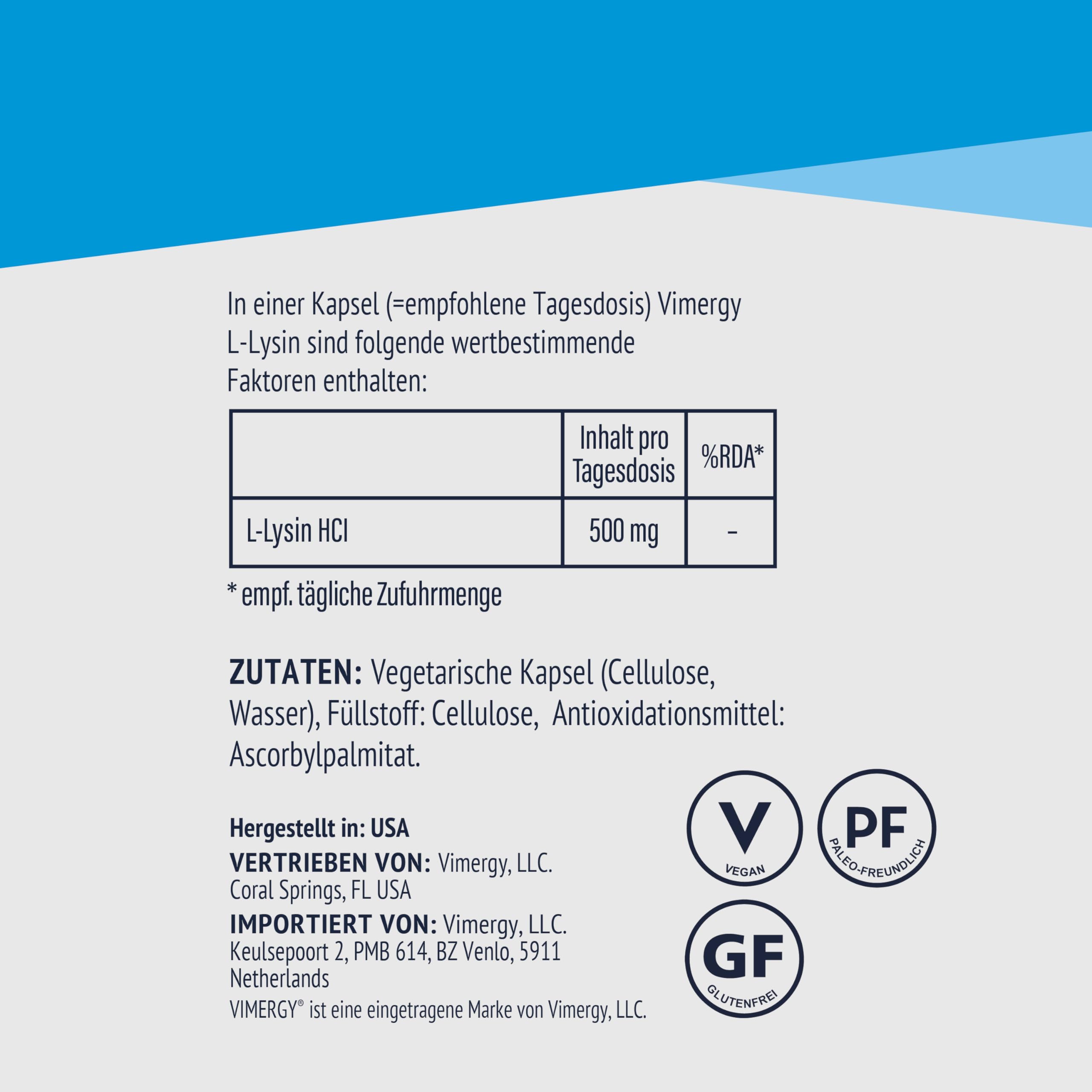 Vimergy L-Lysine 500 mg Kapseln, 90 Einnahmen – L-Lysin Aminosäuren Kapseln – Vegane Kapsel ohne Gelstoffe – Gentechnik- und Glutenfrei, keine Gelatine, Koscher (90 Stück)