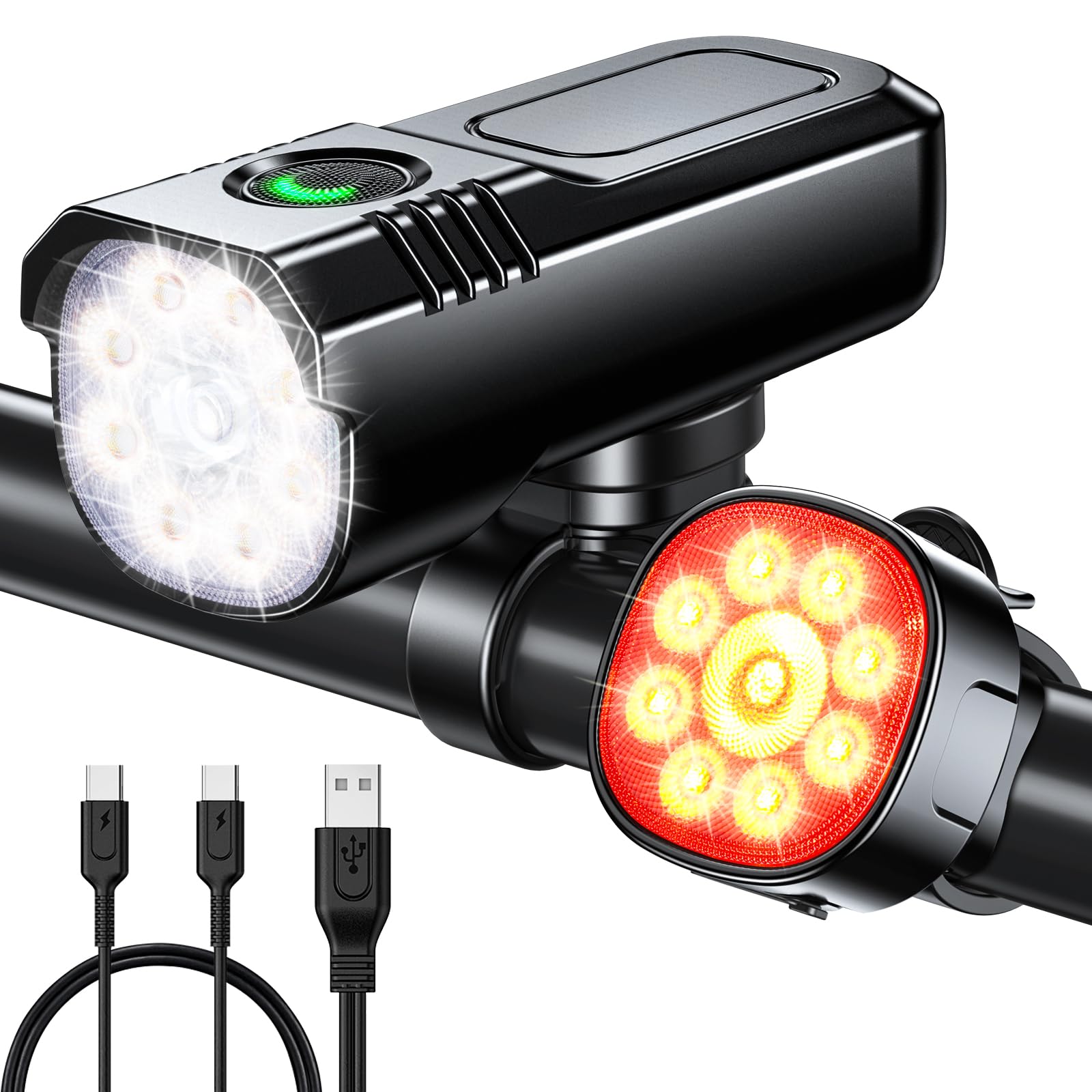 Super Luminose Luci Bicicletta LED, Alluminio Robusto Luce Bici, 8+7 Modalità & USB Ricaricabile Luce Bicicletta Anteriore e Posteriore, IP65 Impermeabile Fanali Bici per Notturna/Campeggio