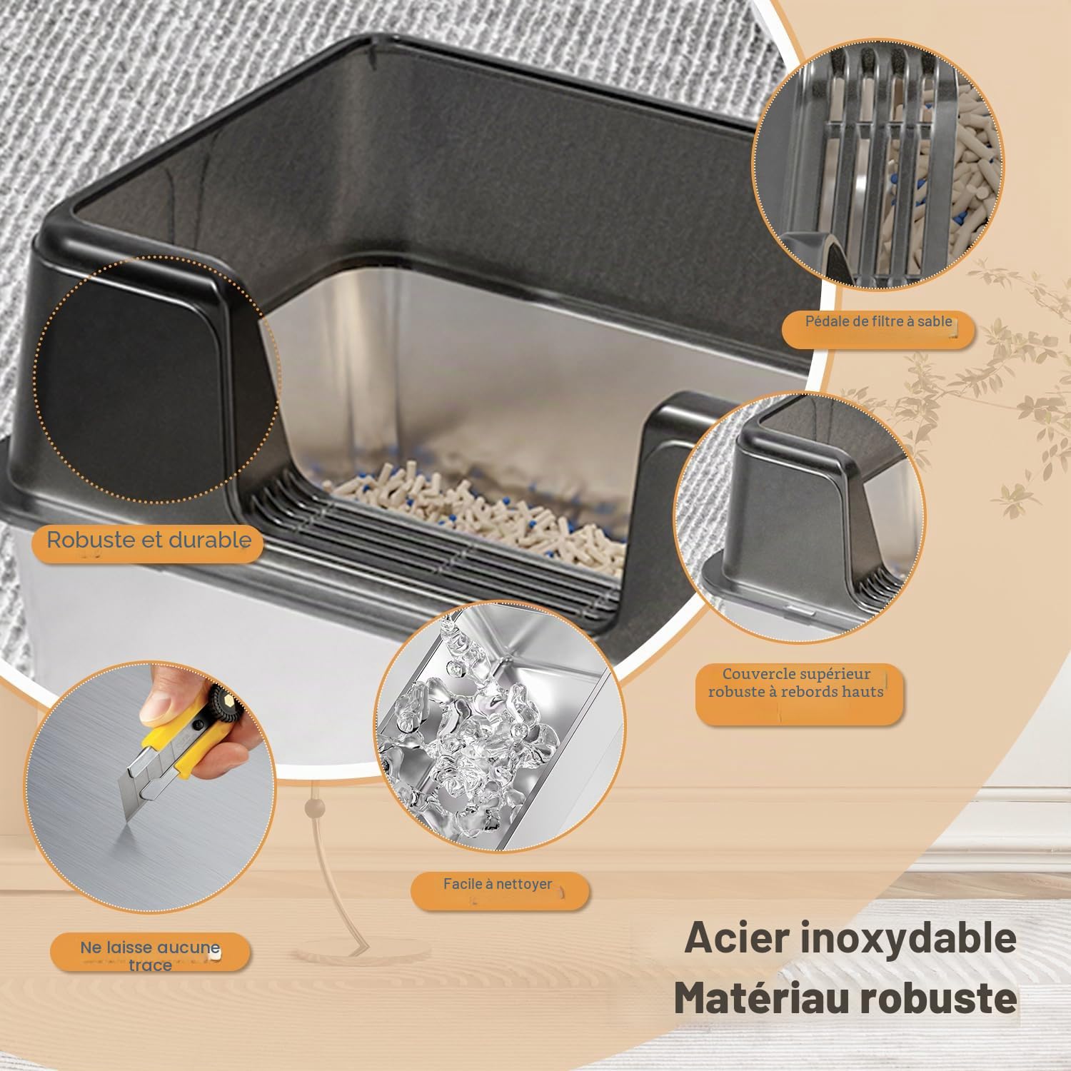 Litière pour chat en acier inoxydable - 60 x 40 x 30 cm - Avec tapis de litière et pelle à litière - Ne colle pas aux résidus et ne tire pas les odeurs
