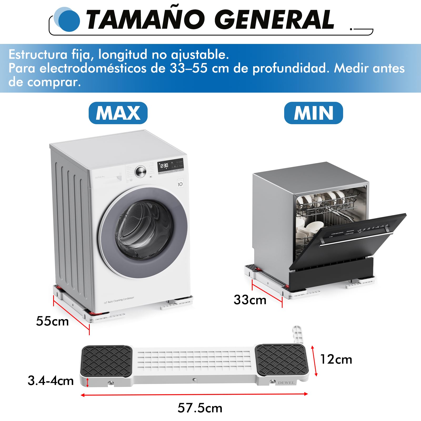DEWEL Base Lavadora con Ruedas Elevables, Soporte para Frigorífico y Secadora, Fácil de Mover, Antivibración, Carga Máxima 500 Kg, Altura 3,4 cm,Blanco (Anch: 33–55 cm, Larg: Ilimitado)