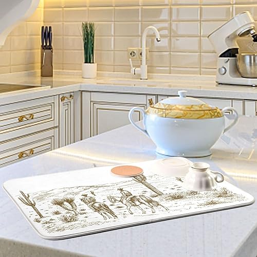 Miniatura 6 de Kigai Western Desert Cowboys - Tapete de secado de platos para encimera de cocina, ultra absorbente, reversible, de microfibra, resistente al calor,