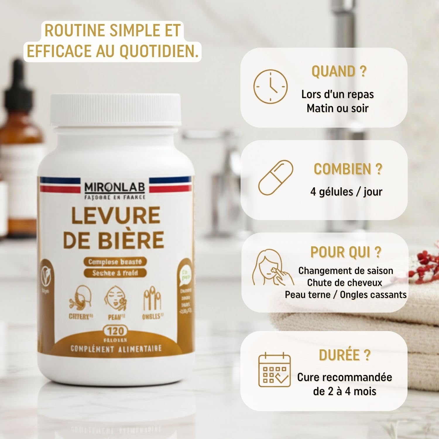 Levure de Bière Active - Pousse Cheveux - Haut Dosage 1640mg - Testé - Enrichi Vitamines & Minéraux - Complément alimentaire Peau & Ongles - 120 gélules/1 mois - Laboratoire Français MIRONLAB