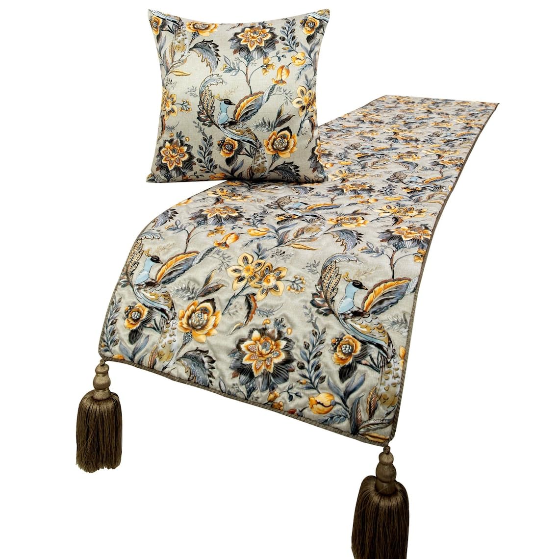 The HomeCentric King/Queen/Twin Grey & Yellow Decorative Twin 133x45 cm Bed Runner With 2 Cushion cover, Peacock, Quilted & Tassels Bed Scarf on Satin fabric - Peacock Swag