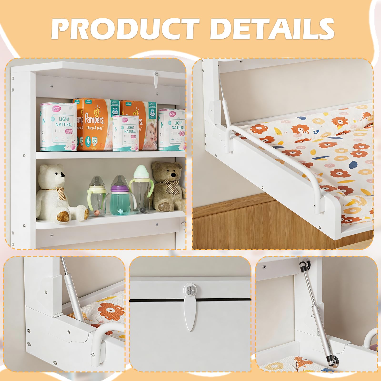 MSFE Wickelkommode Wickeltisch Klappbar, Baby Changing Table Wandwickeltisch mit 3 Regalfächern, Holz weiß