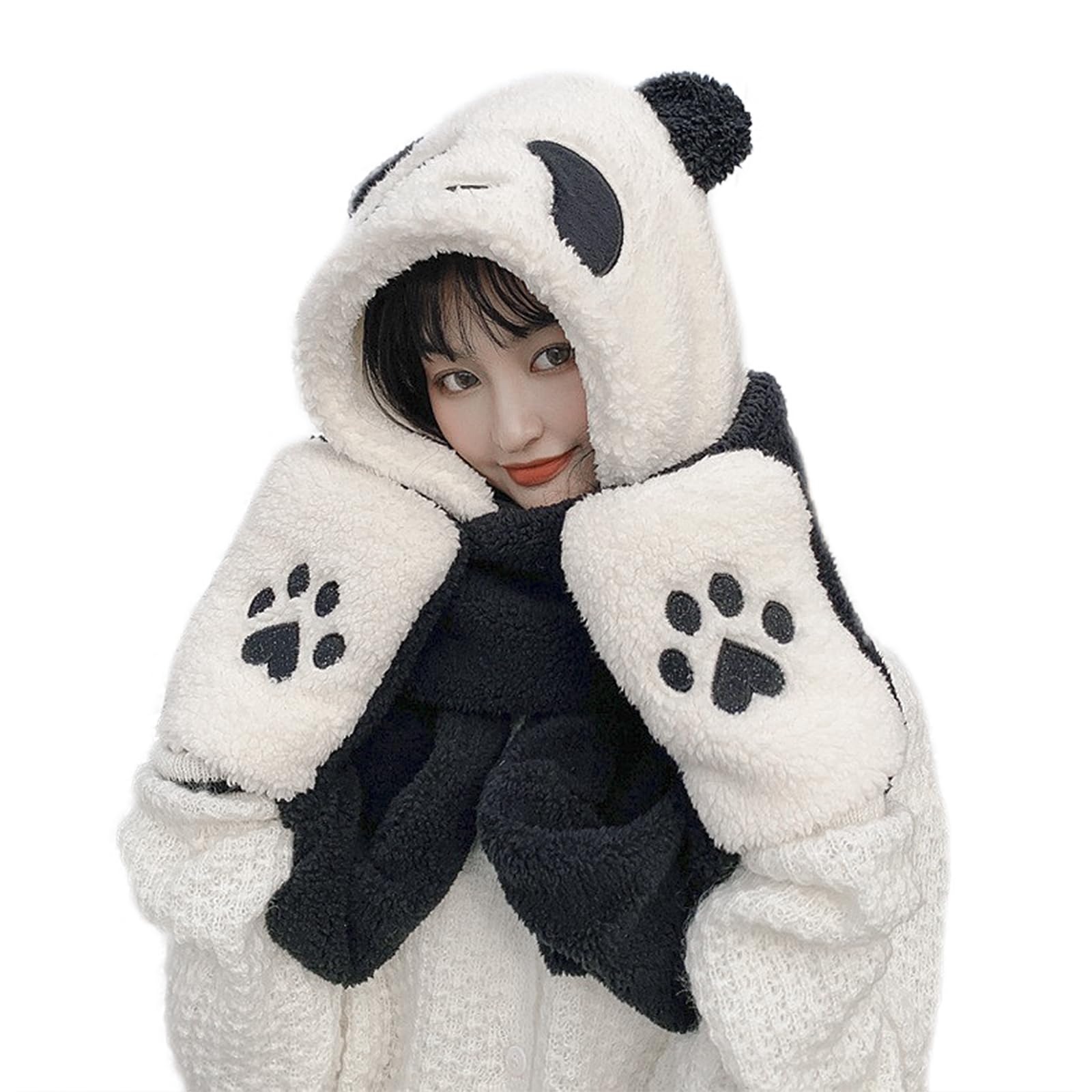 3 in 1 Panda Hat Scarf and Gloves for Women Girls Winter Warm Furry Hood with Hand Pocket Mittens Windproof Cycling Hat Gloves Neck Warmers Thick Plush Animal Cosplay Headwear