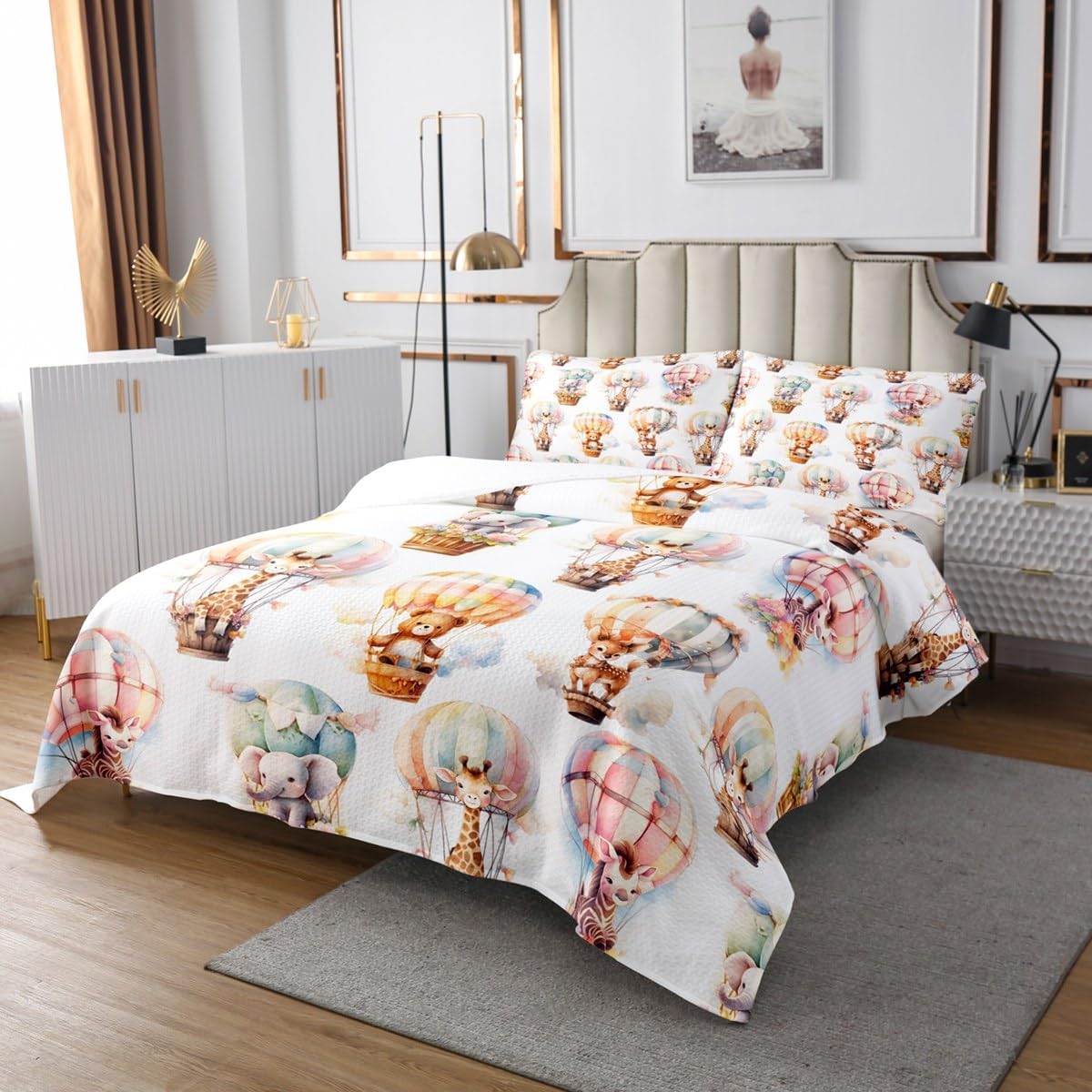 Cartoon Cute Animals Coverlet Set Chic Hot Air Balloon Quilted Coverlet Kawaii Elephant Giraffe Comforter Set Bedspreads Quilt Set for Children Kids Coverlet Set,Twin Size 2 Pcs