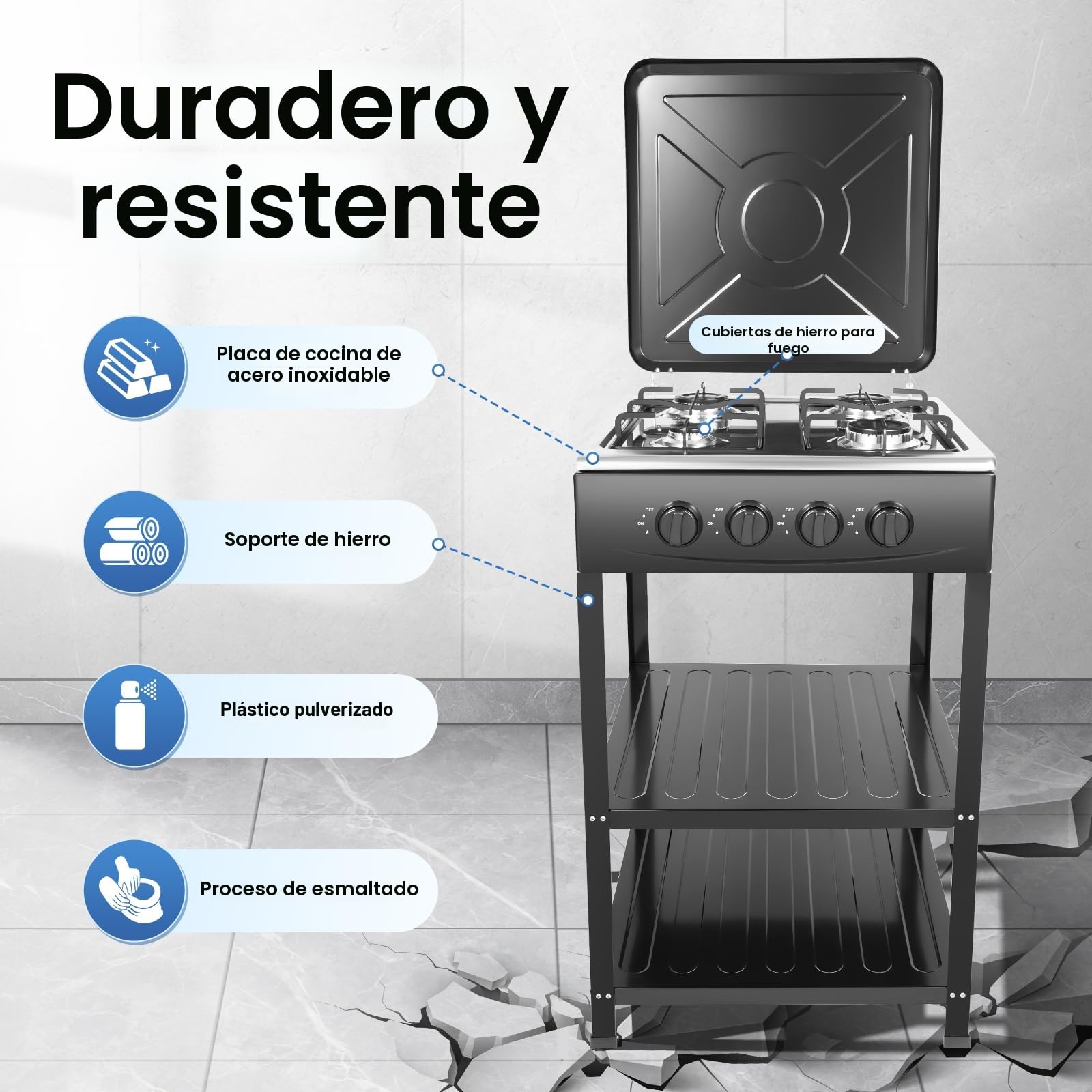 Cocinera de Gas de 4 Quemadores, Rechaud de Gas Portátil, Hornillo de Camping, Hornillo de Gas Independiente, Placa de Cocina con Doble Armario, Para Camping, Casa, Restauración, Uso Exterior e