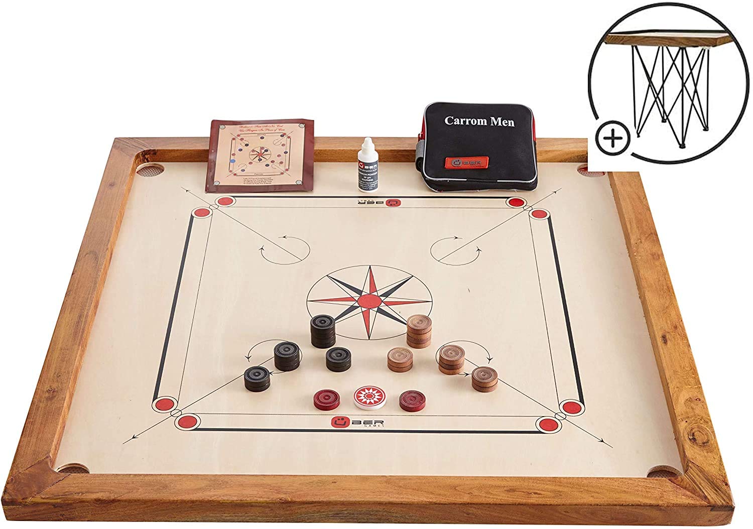 Uber Games Carrom Board Set Dimensioni Ufficiali 74 cm x 74 cm, 7 kg | Area di Gioco Interna in Legno Duro India, Set Completo Con Dischi e Tavolo