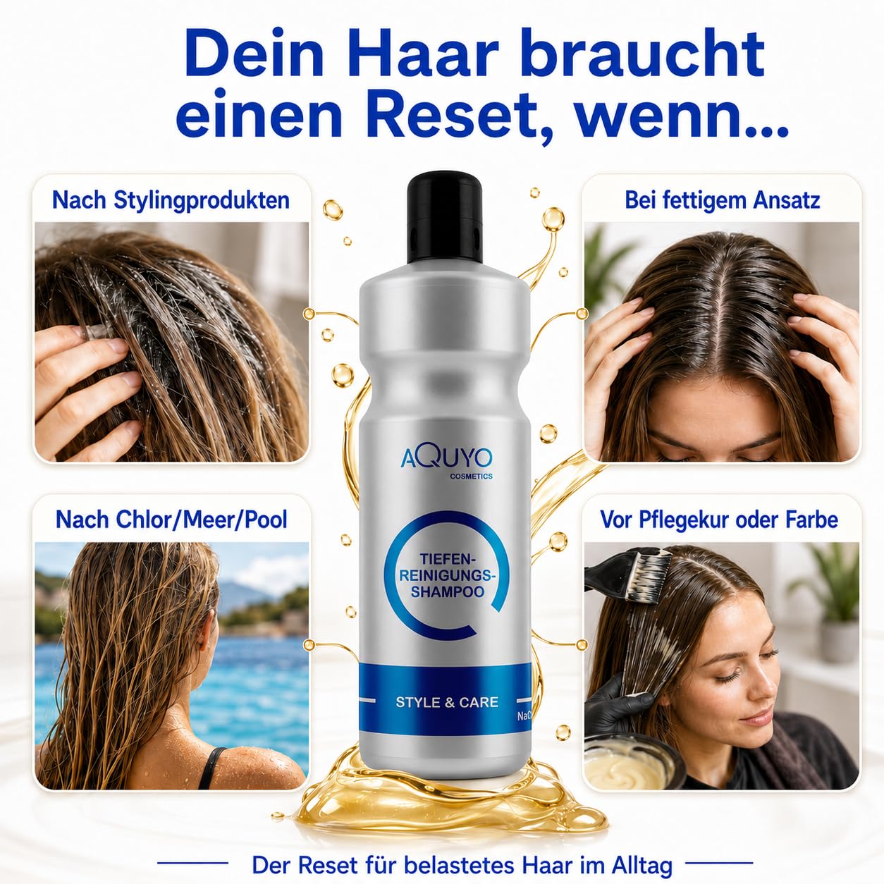 Style & Care Tiefenreinigung Shampoo zur Haarpflege, entfernt Klebereste und Rückstände aus dem Haar (3x 1000ml) | Reinigungsshampoo und Pflegeshampoo ein Einem | ohne Silikone, Salze oder Parabene