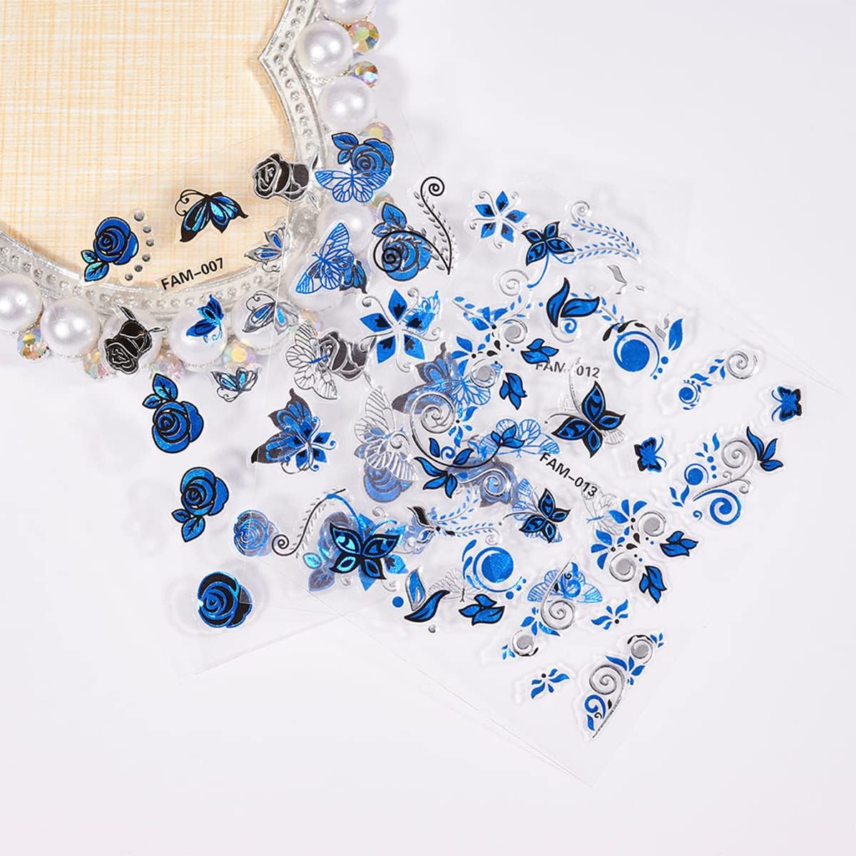 INOG 30 Sheets Flower Nail Art Stickers, White Flower with Rhinestones Designs Nail Decals 3D Self Adhesive Nail Stickers NailArt Supplies White Flower Stickers for Nails (Blue) - Image 5 thumbnail