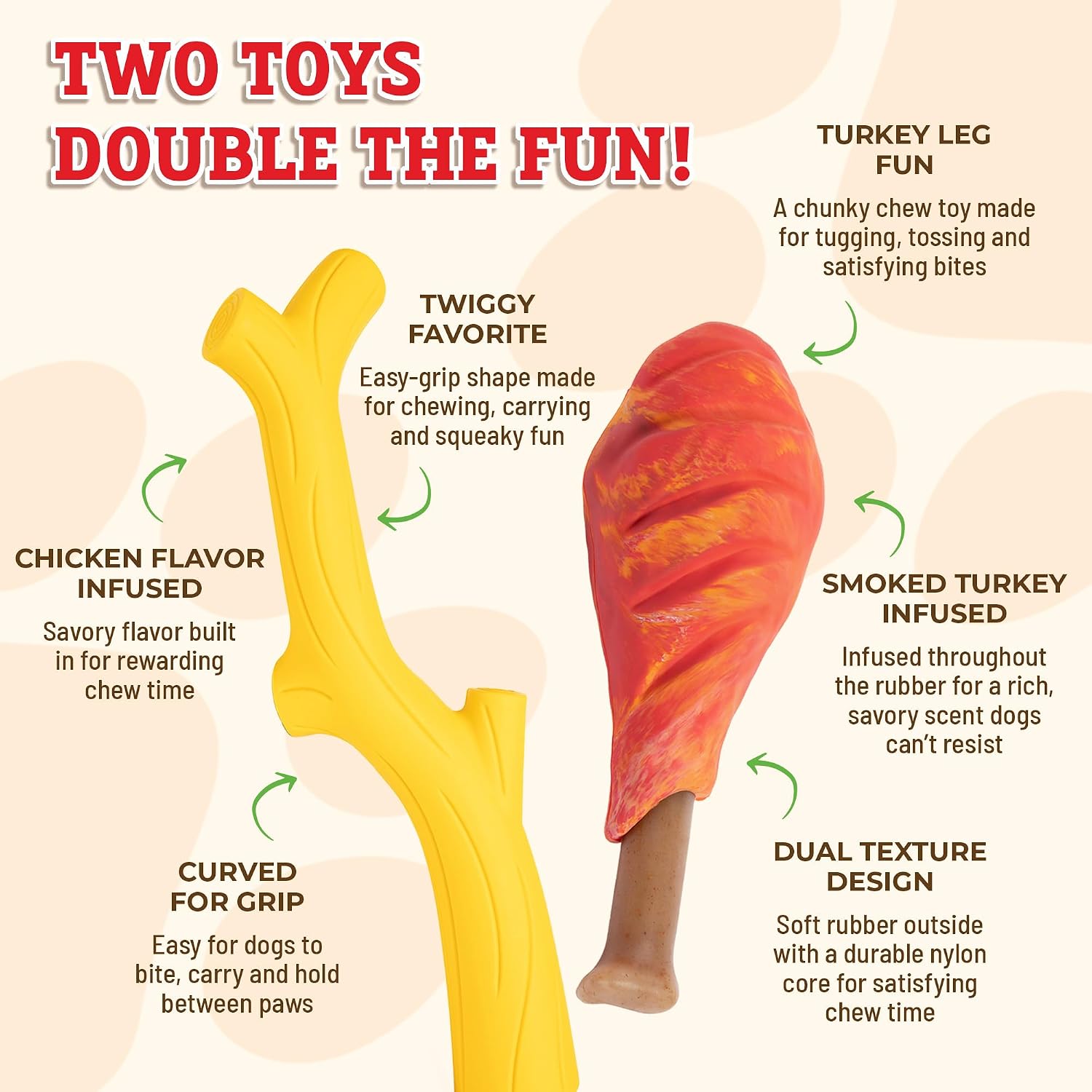 Baba Buddies Yellow Chicken Twiggy & Smoked Turkey Leg Dog Toy Bundle. Rubber & Dual Nylon with Squeaker for Aggressive Chewers, Indoor Outdoor Safety Tested for Medium to Large Breeds image 2