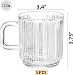 Noamus 6 Pack de tasses à café en verre Premium avec poignée, 12 Oz Classic Vertical Stripes tasses à thé en verre, tasses de boissons transparentes côtelées, ensemble de verre vintage clair pour Hot Cold Americano, Cappuccino