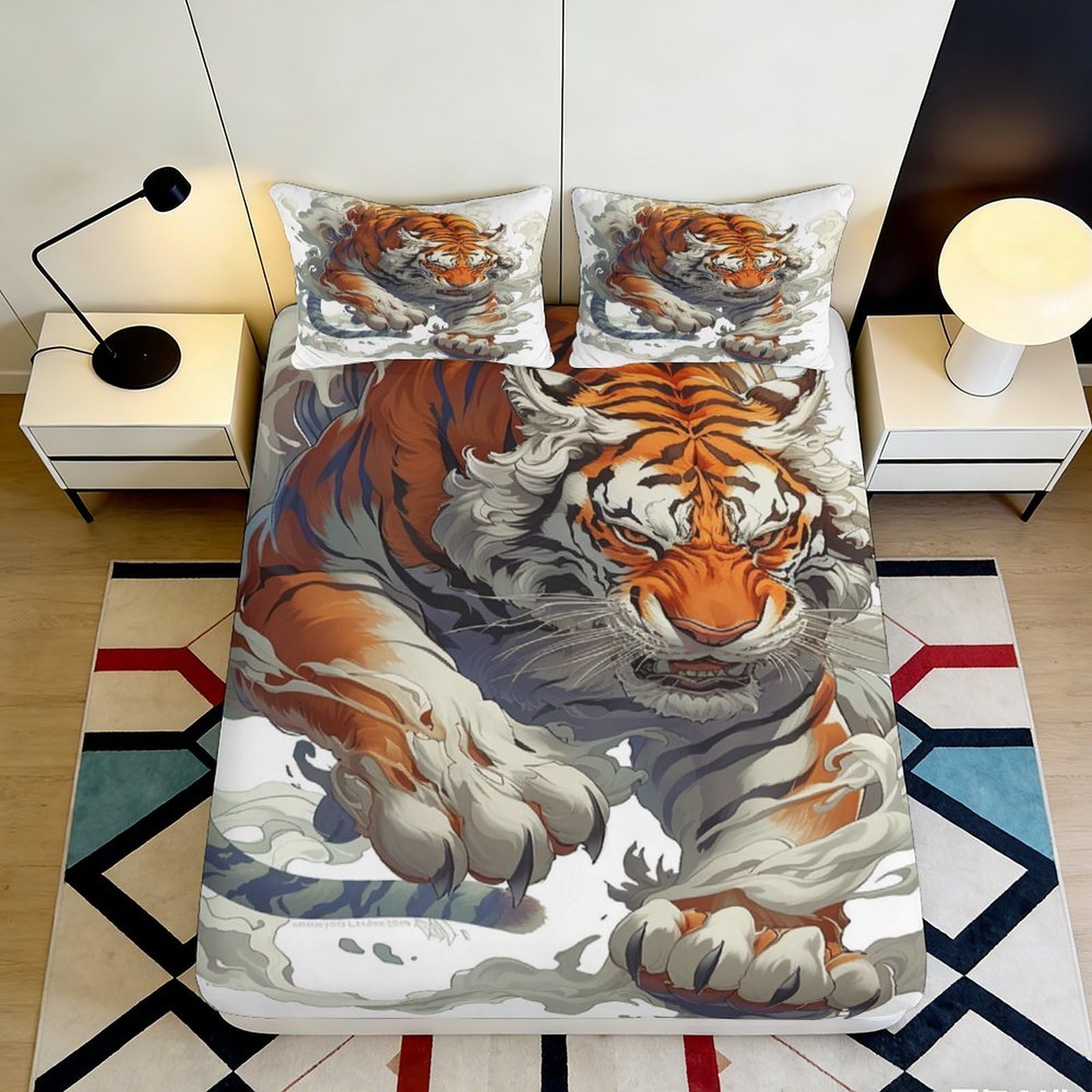 3D Printed Tiger Pattern Fitted Sheet Microfiber Soft Durable 3D Printed Claw Design Mattress Cover for Bedroom Dormitory Guest Room Decoration 140x200x25cm