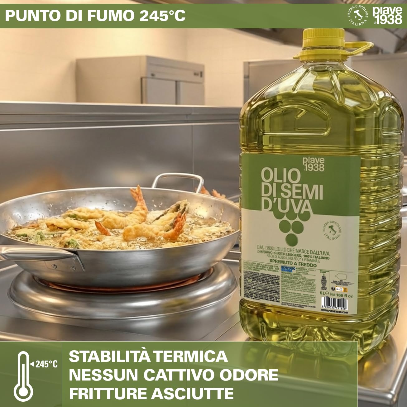PIAVE 1938 Olio di Vinacciolo 5L Professionale - Per Ristorazione (Fritture, Dolci, Maionese) e Centri Massaggi - Alto Punto di Fumo 245°C, Olio di Semi d'Uva Puro Neutro Grape Seed Oil