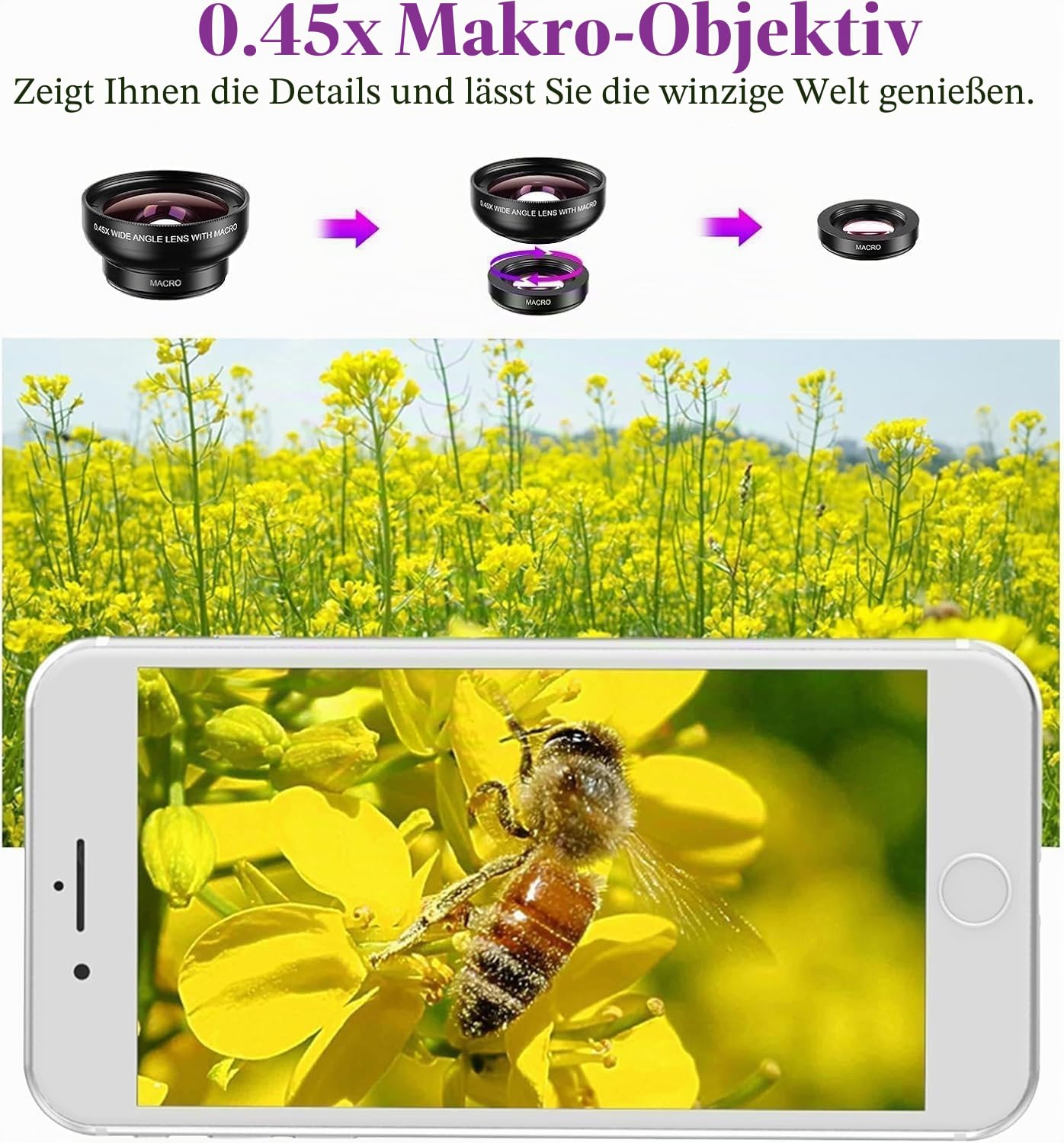 2-in-1 Universal Handy Kamera objektiv, Handy objektiv Set, 12,5X Macro Lens, 0,45X Weitwinkel, Makroobjektiv für die meisten Smartphones