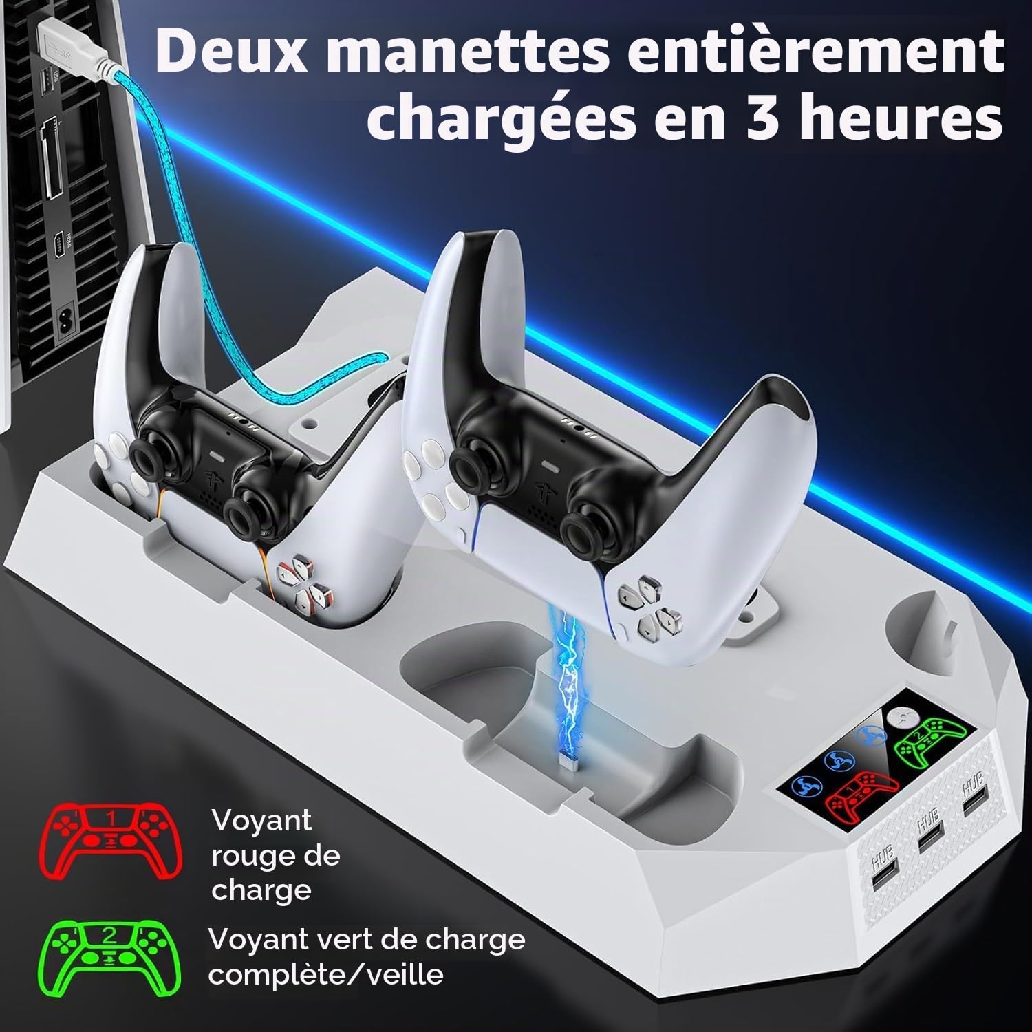 Tokluck Support PS5 pour PS5/PS5 Slim/PS5 Pro, Station de Refroidissement avec Charge à Double Manettes, Ventilateur de Refroidissement à 3 Vitesses avec Casque et 3 Ports USB